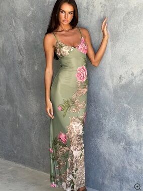 Tiger Mist Olive Green Maxi Slip Dress with Pink Floral Print - Julianna Dress